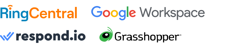 icons of communication tools brand logos: ring central, google workspace, respond.io, grasshopper