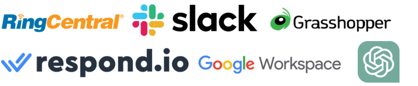 icons of communication and collaboration brand logos: ringcentral, slack, grasshopper, respond.io, googleworkspace, chatgpt