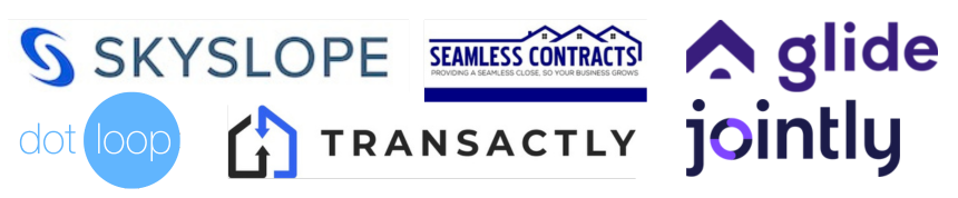 icons of transaction management brands logos: Skyslope, Seemless Contracts, Glide, Dotloop, Transactly, Jointly