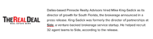 Link to the article on the Real Deal about Pinnacle Realty Advisors Boosting Success in Florida and Hiring Mike Sadick